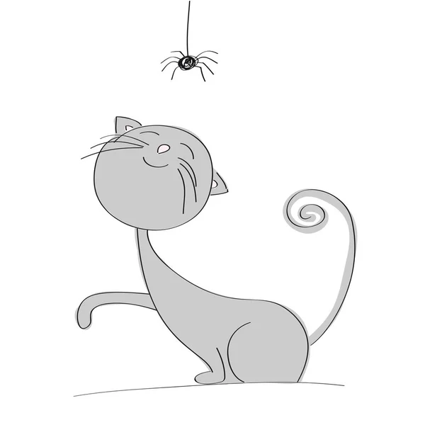 Grazioso gatto grigio che gioca con piccolo ragno nero — Vettoriale Stock