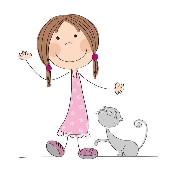 Niña feliz con su gato gris — Vector de stock