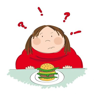 Hamburger fastfood içinde oturan şişman kadınla