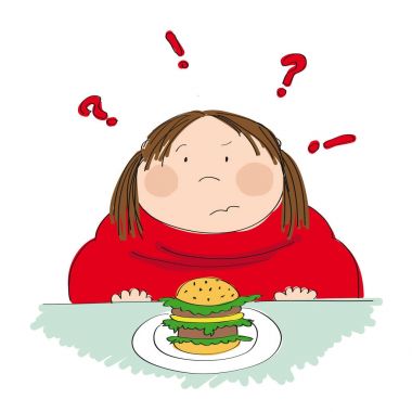 Fat woman with hamburger sitting in fastfood clipart