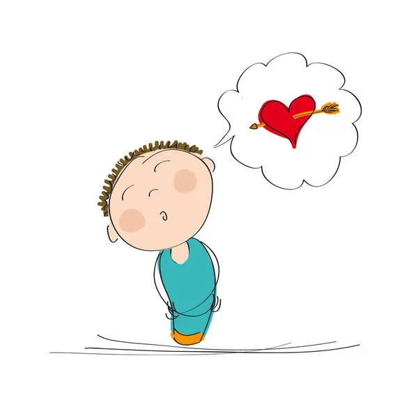 Menino sonhador pensando em amor - ilustração desenhada à mão original —  Vetores de Stock