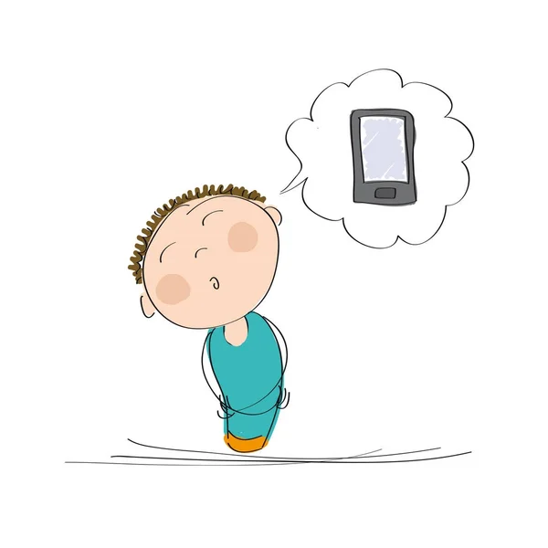 Lycklig pojke eller ung man drömmer om en ny mobiltelefon — Stock vektor