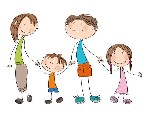 快乐的年轻家庭-原始手绘插图 — 图库矢量图片