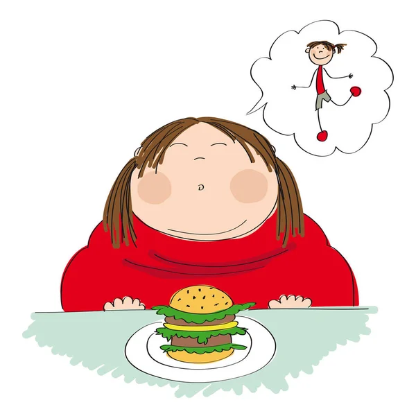 Fat woman with hamburger dreaming about slim figure — Stock Vector