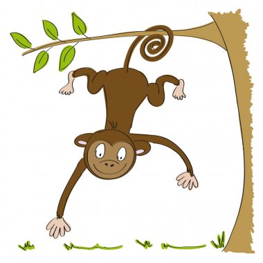 Sevimli gülümseyen maymun ağaçtan onun kuyruk asılı