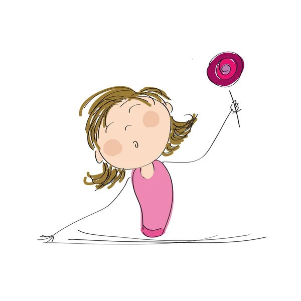 Glückliches Mädchen mit Lollypop - originelle handgezeichnete Illustration — Stockvektor