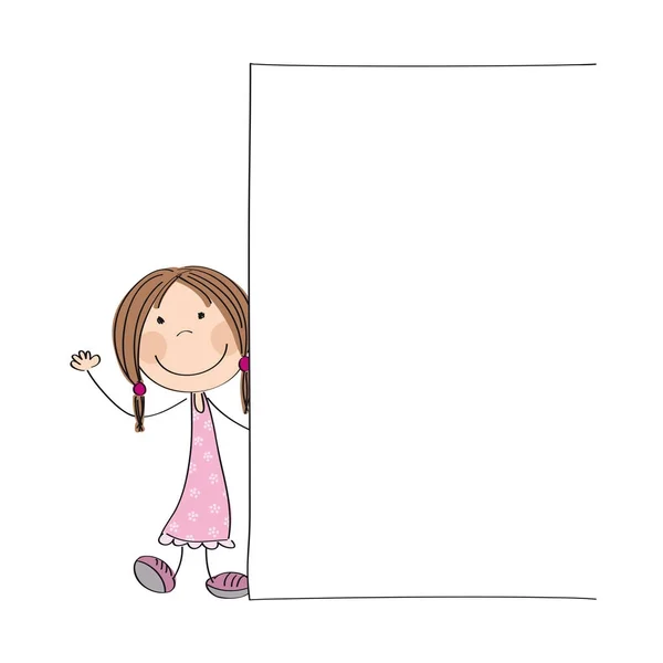 Lycklig liten flicka står bakom tom banner / styrelse — Stock vektor