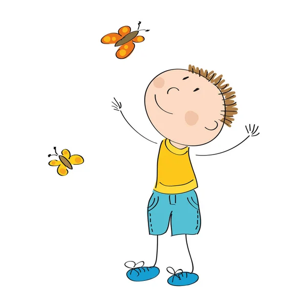 Glücklicher Junge fängt Schmetterlinge — Stockvektor