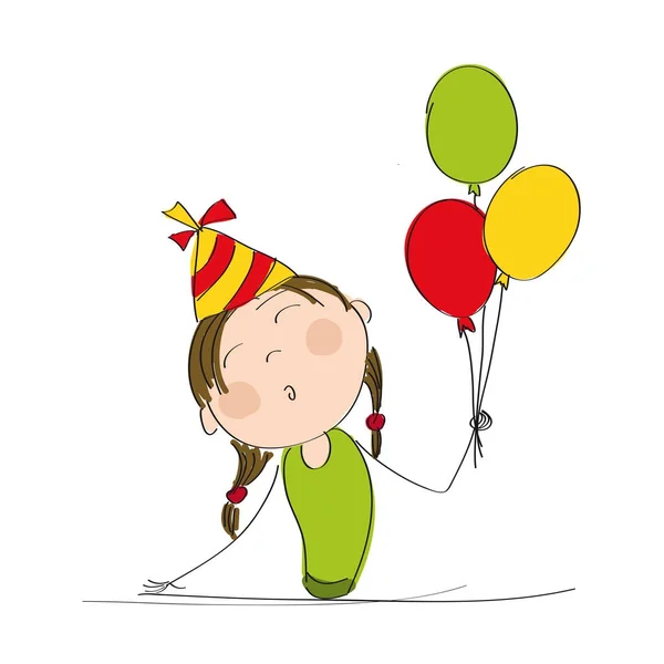 Menina feliz com balões coloridos e chapéu de festa celebrando — Vetor de Stock