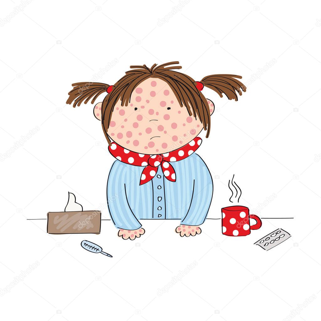 Sick girl with chickenpox, measles, rubeola or skin rash