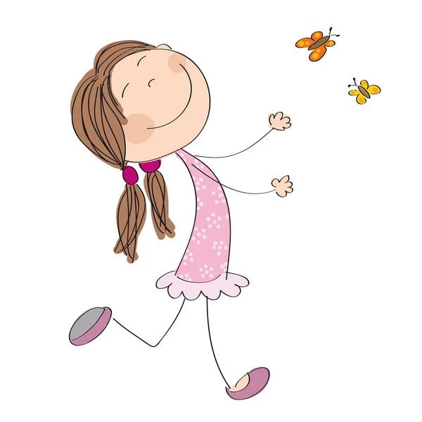 Glückliches kleines Mädchen rennt und fängt Schmetterlinge — Stockvektor