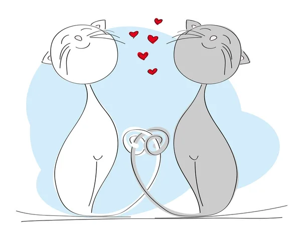 Twee katten in liefde - grijs en witte kat met hun staarten twisted — Stockvector