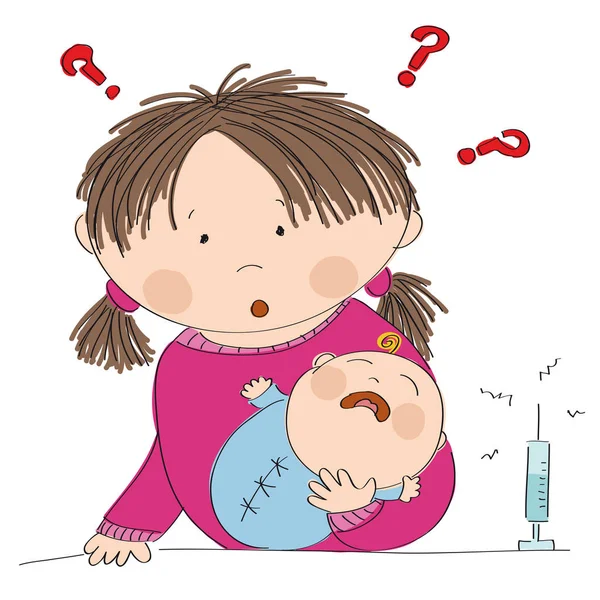 Madre ammaliata che tiene in braccio il suo bambino, pensando alla vaccinazione — Vettoriale Stock