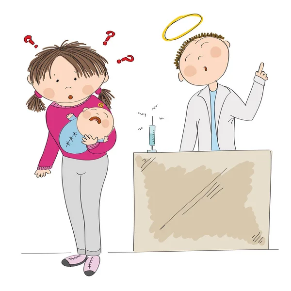 Madre desconcertada sosteniendo a su bebé, pensando en la vacunación — Vector de stock