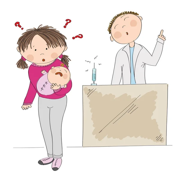 予防接種について考えて、彼女の女の赤ちゃんを保持している困惑の母親 — ストックベクタ
