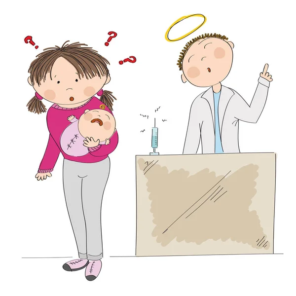 Προβληματισμένοι μητέρα που κρατάει το μωρό κορίτσι, σκέψης σχετικά με τον εμβολιασμό — Διανυσματικό Αρχείο