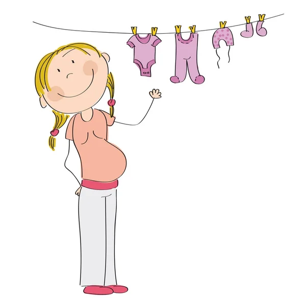 Happy pregnant woman hanging clothes for her unborn babygirl — Stock Vector