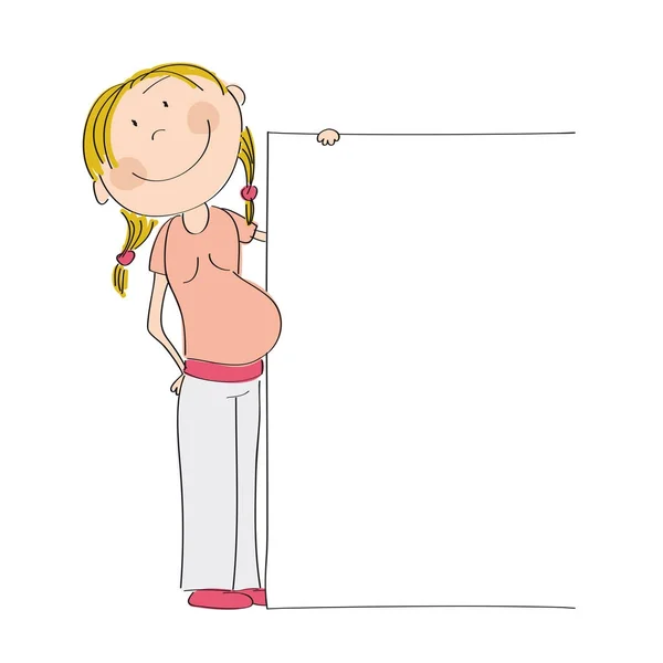 Felice giovane donna incinta in piedi dietro banner / bordo bianco — Vettoriale Stock