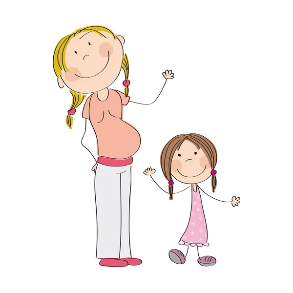 快乐的年轻怀孕的妇女与她的小女儿 — 图库矢量图片