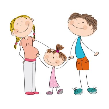 Mutlu genç aile - orijinal elle çizilmiş illüstrasyon 