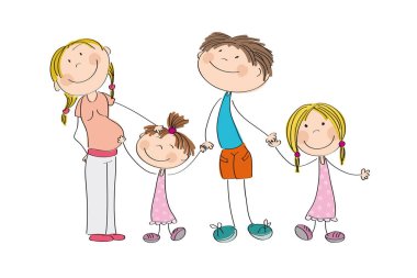 Mutlu genç aile - orijinal elle çizilmiş illüstrasyon