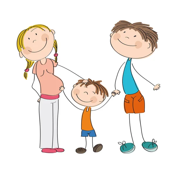 Mutlu genç aile - orijinal elle çizilmiş illüstrasyon — Stok Vektör