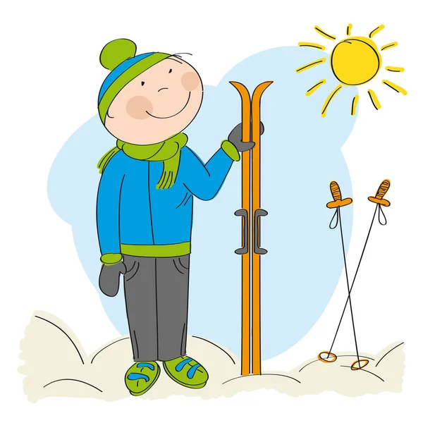 Happy skier, standing and holding ski — Stock Vector