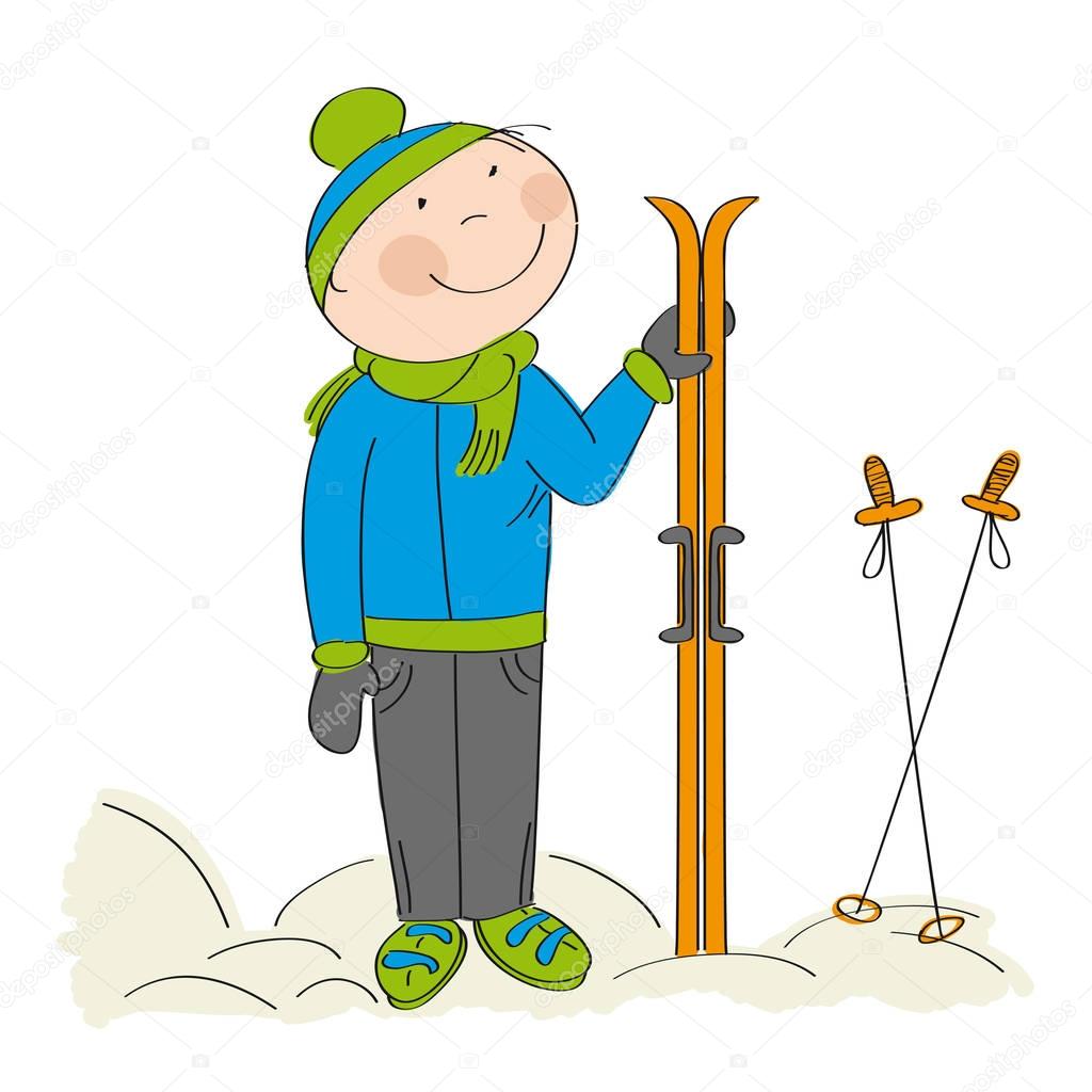 Happy skier, standing and holding ski 