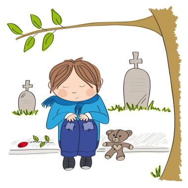 Sad and alone little boy sitting in front of the cemetery clipart