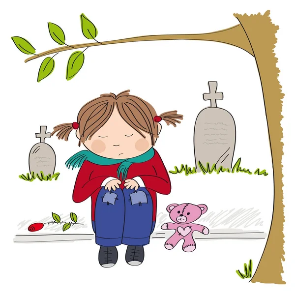 Sad and alone little girl sitting in front of the cemetery — Stock Vector