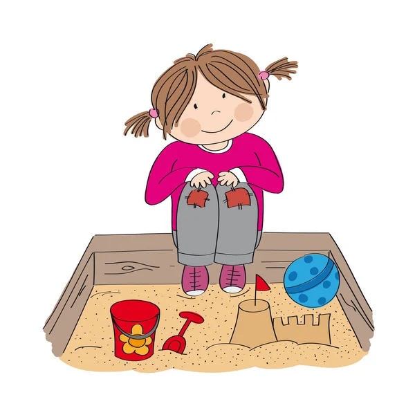 Fröhliches kleines Mädchen spielt auf dem Sandkasten und baut eine Sandburg — Stockvektor