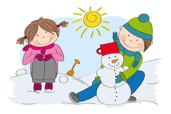 かわいい子供たち (男の子と女の子) 雪だるまを作って — ストックベクタ