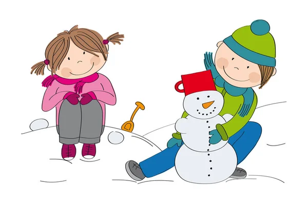 かわいい子供たち (男の子と女の子) 雪だるまを作って — ストックベクタ