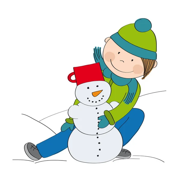 雪遊び、雪だるまを作ってかわいい男の子 — ストックベクタ