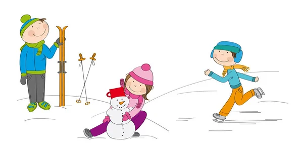 雪の中、少年スキーヤーで外で遊ぶ子供たち — ストックベクタ