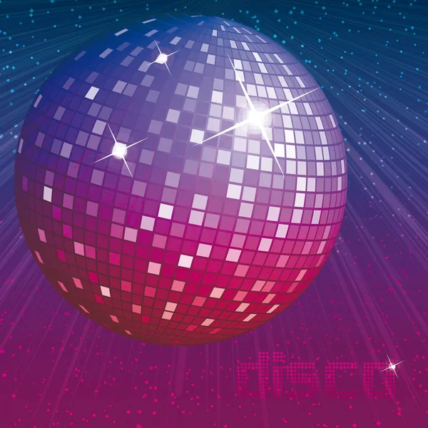 Фиолетовый диско-шар на темном фоне с сияющими лучами света — стоковый вектор