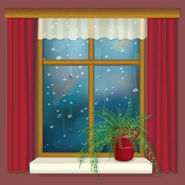カーテンと窓の下枠上の花雨のウィンドウのリアルなイラスト — ストックベクタ