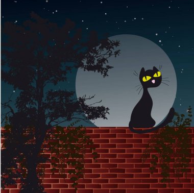 Ay ve kara kedi duvarda oturan ile gece çekimi