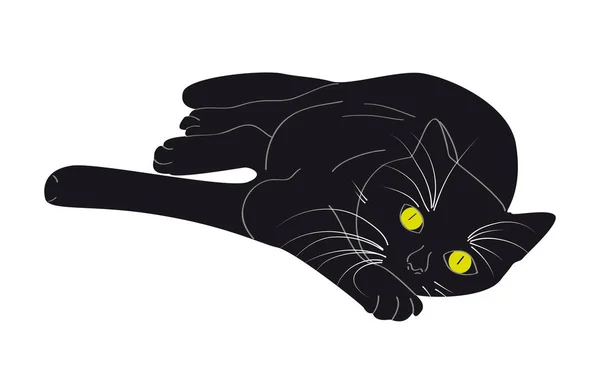 Ilustração Gatinho Preto Deitado Com Olhos Amarelos — Vetor de Stock