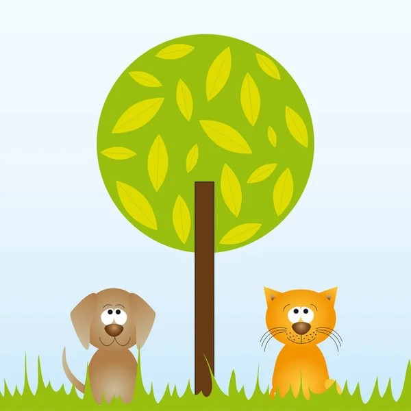 Γάτα και σκύλος κάθεται κάτω από ένα δέντρο - εικονογράφηση διάνυσμα — Διανυσματικό Αρχείο