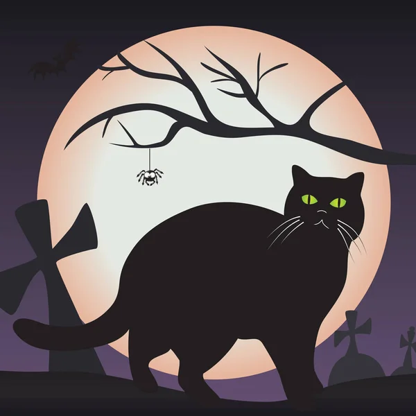 Gato preto no cemitério - lua cheia no fundo - ilustração vetorial —  Vetores de Stock