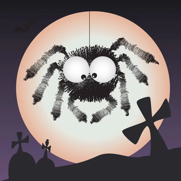 Aranha no cemitério - ilustração assustadora do vetor do halloween com lua cheia no fundo —  Vetores de Stock