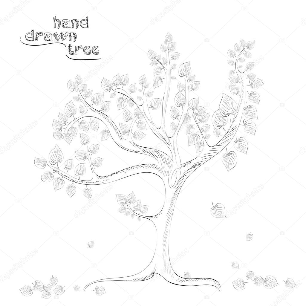 Hand drawn tree with falling leaves - original hand drawn illustration