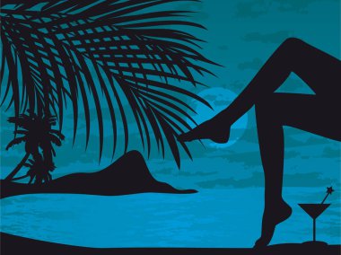 Avuç içi, Island, kızlar bacaklar ve kokteyl ile gece tropikal plaj vektör çizim