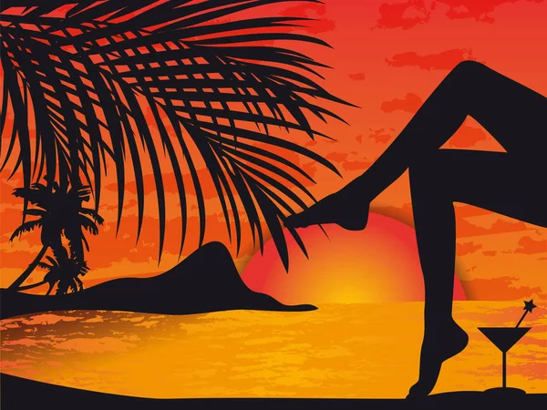Vektör tropikal plaj günbatımı avuç içi, ada, kızlar bacaklar ve kokteyl