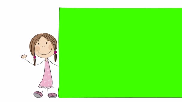 Animation Happy Little Girl Standing Blank Banner Board Waving Animated — Stock Video