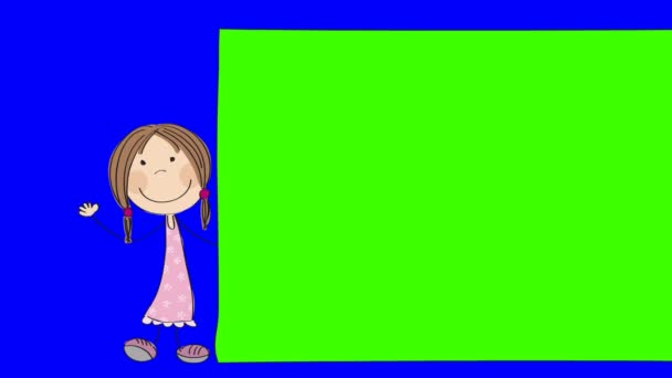 Animation Happy Little Girl Standing Blank Banner Board Waving Animated — Stock Video