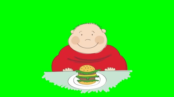Animation of a fat man with hamburger sitting in fast food and trying to decide whether to eat it or not, animated hand drawn cartoon character, on chroma key green screen background.