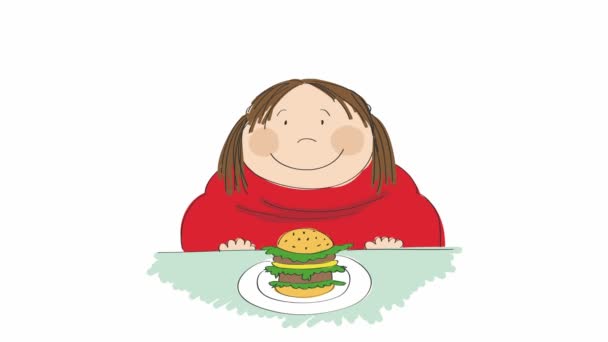 动画的一个胖女人与汉堡包坐在快餐和试图决定是否吃它 动画手绘卡通人物 — 图库视频影像