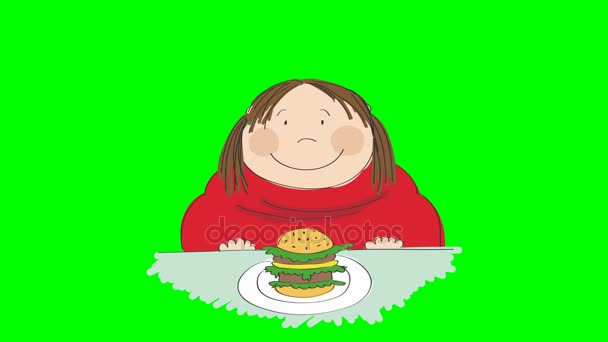 Animation Une Grosse Femme Avec Hamburger Assis Dans Restauration Rapide — Video